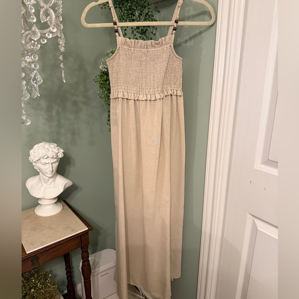 Zara Khaki Linen Smocked Midi Dress - Picture 3 of 9
